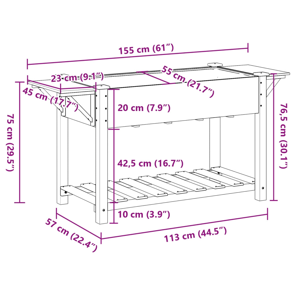 Vasca da giardino  con ripiani 155x59x76 cm in legno massello di abete