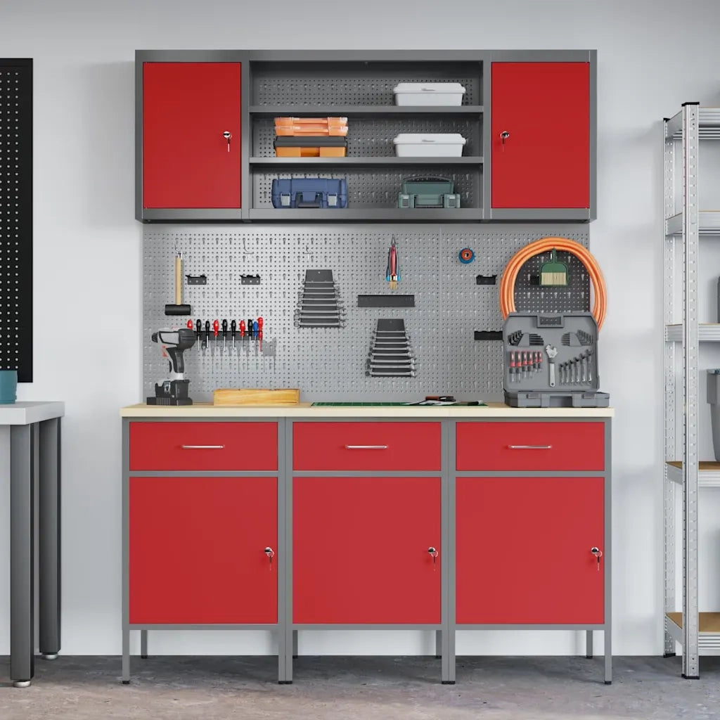 Mobile da lavoro 7 pcs Rosso Legno ingegnerizzato e acciaio 3321431