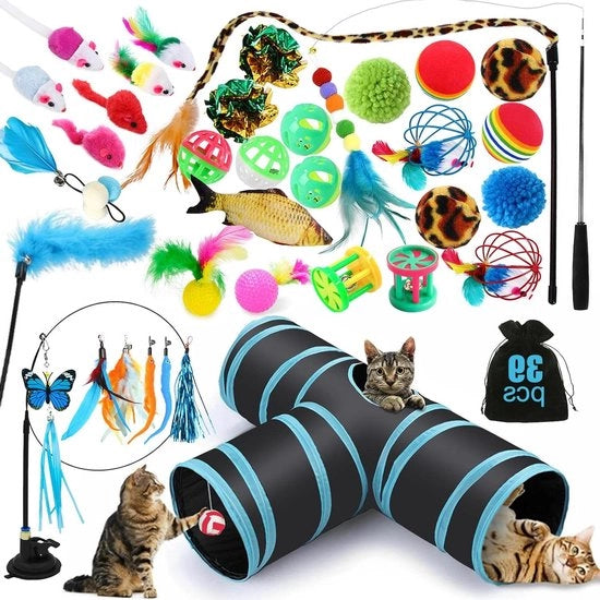 Set di gioco interattivo per gatti - 39 pezzi composto da tunnel per gatti, palline, velette, peluche e topolini da gioco