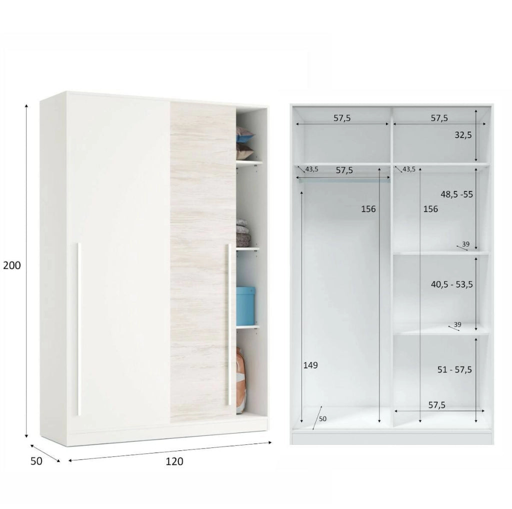 Guardaroba Aristode, Armadio per camera da letto a 2 ante scorrevoli, Mobile con barra appendiabiti e 3 ripiani, cm 120x50h200, Bianco anticato