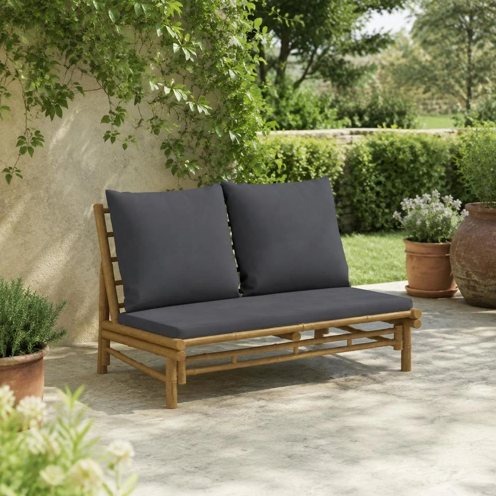 Garden Bench With Dark Grey Cushions, Bamboo