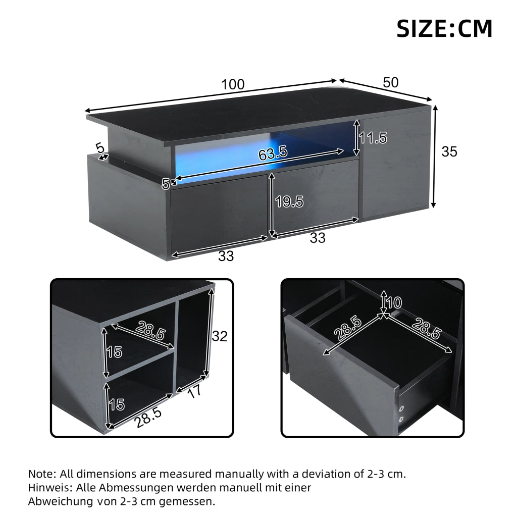 Tavolino da salotto 100 x 50 x 35 cm con LED, 2 cassetti e ampio spazio contenitivo, nero lucido