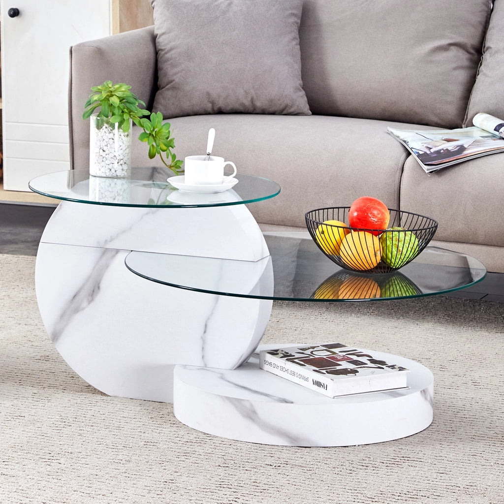 TAVOLINO DA CAFFÈ Doppio piano Ø70/50 cm MDF Bianco Marmo Vetro Trasparente