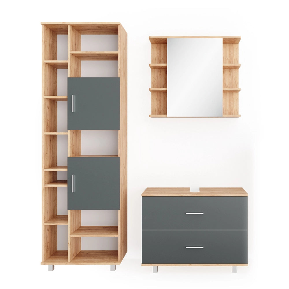 Vicco Set mobili bagno Antracite/quercia dorata 3 parti, con colonna