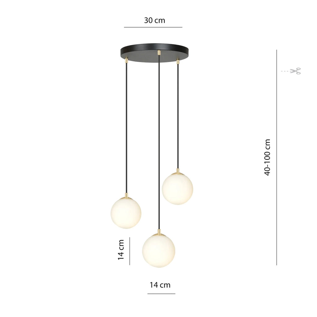 Sospensione Contemporanea Nuada 3 Luci In Acciaio Nero/Oro Sfere Vetro Bianco