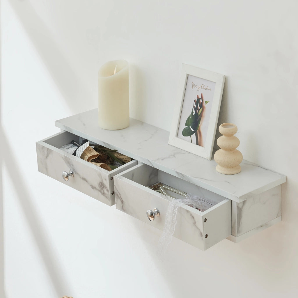 Mensola da Parete Geeste Comodino Sospeso con 2 Cassetti 60 x 15 x 10 cm - Effetto Marmo Bianco [en.casa]