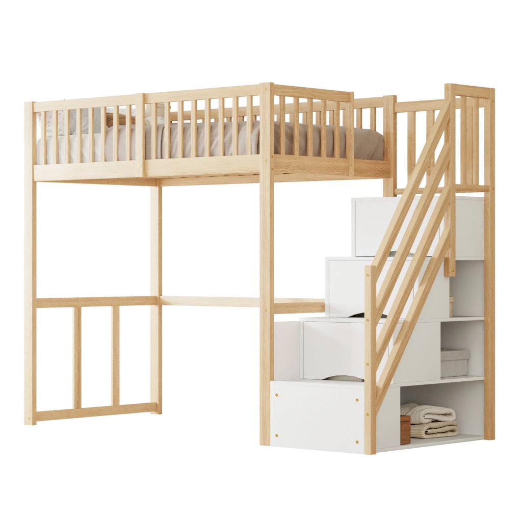 Letto a soppalco 90x200 cm con scale contenitore e scrivania; in legno color naturale