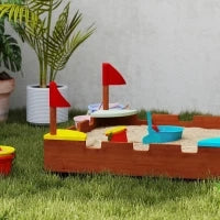 Sabbiera per Bambini 3-7 Anni a Forma di Castello con 4 Sedute in Legno di Abete, 90x90x17 cm, Multicolore