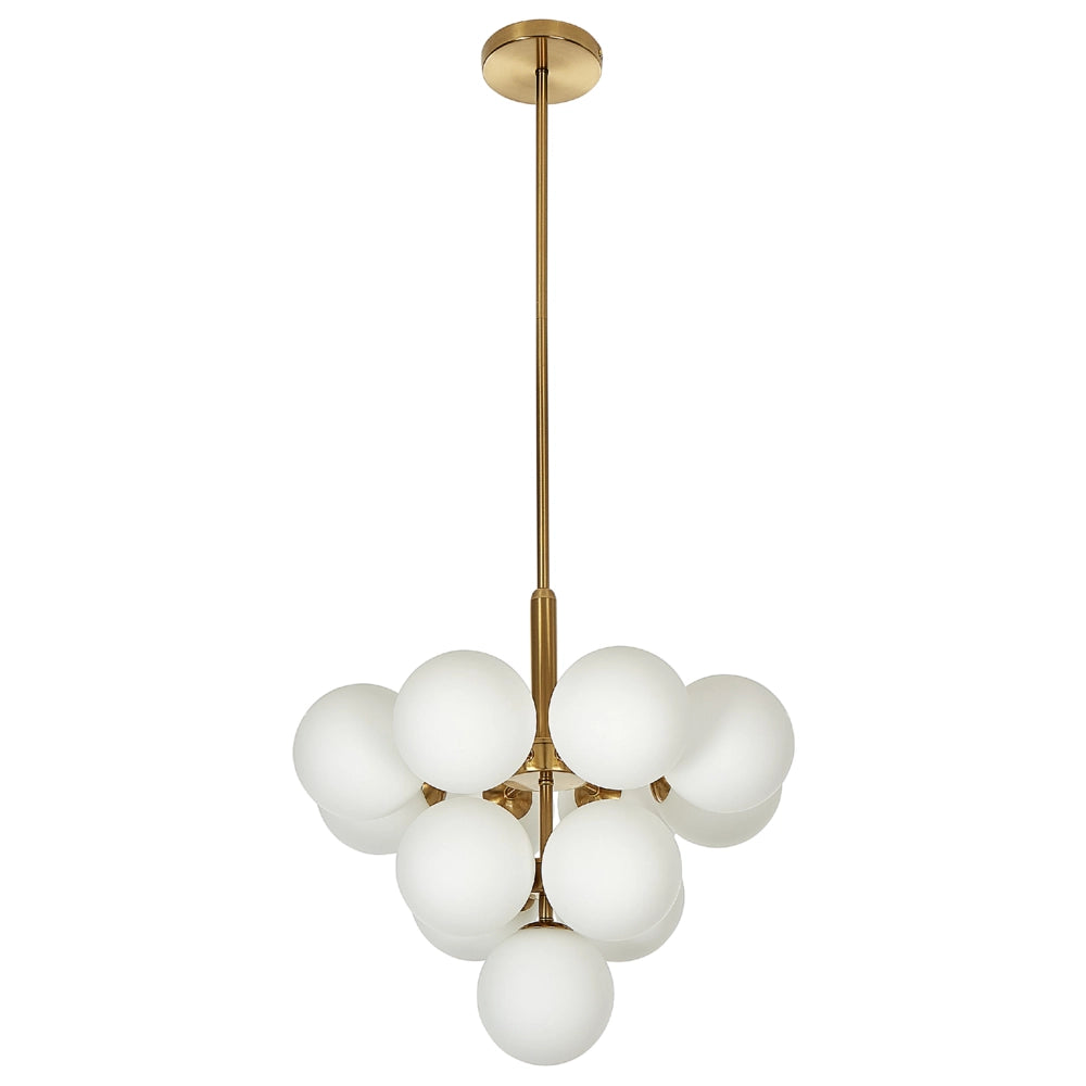 Lampadario a 13 luci di vetro bianco con paralumi a globo in ottone soggiorno salotto glamour