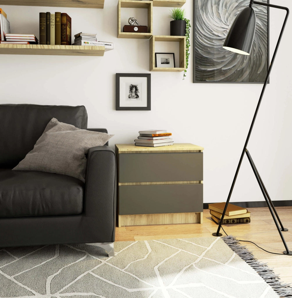 Comodino AKORD K60 Quercia Artisan 60 cm 2 cassetti inserto frontale Grigio Grafite 60x40x55 cm