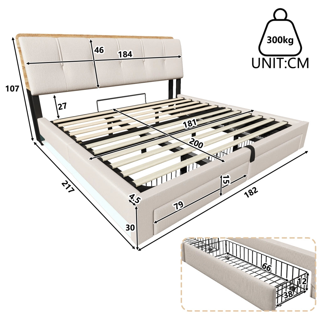DESMIU Letto contenitore 180 × 200 cm 2 posti con USB, Type-C, LED, senza materasso, in lino, beige
