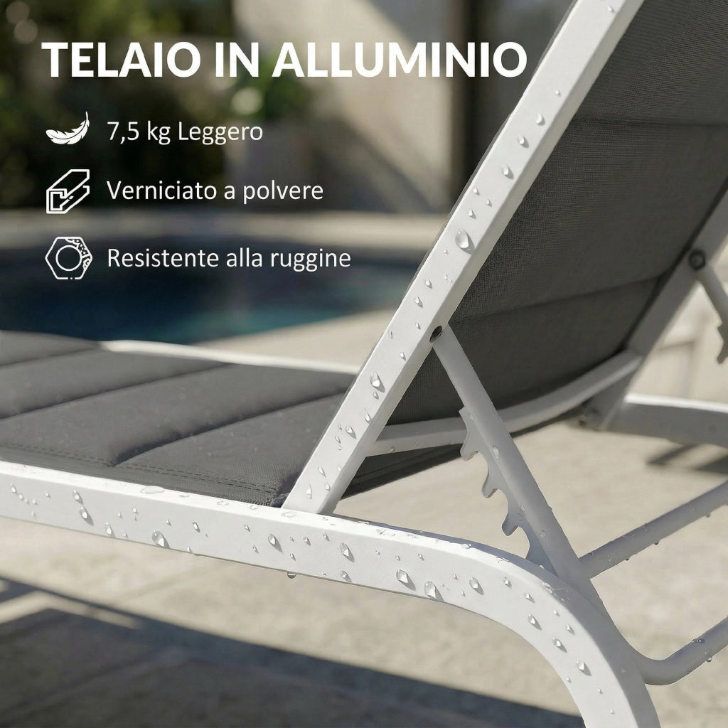 Lettino Prendisole da Giardino con Ruote. in Texteline con Telaio in Alluminio. Grigio Scuro e Bianco