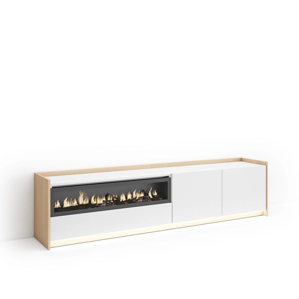 Mobile TV Soggiorno, 207x50x37 cm, Per TV fino a 80", Camino elettrico, LED, Bianco e Rovere soft