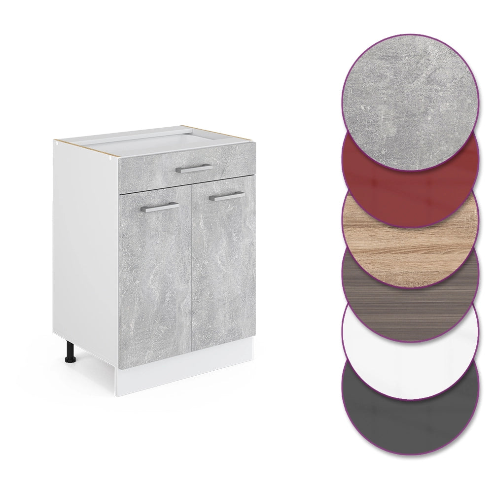 Mobiletto base per cucina R-Line Calcestruzzo/Bianco 60 cm con cassetto, senza piano di lavoro Vicco