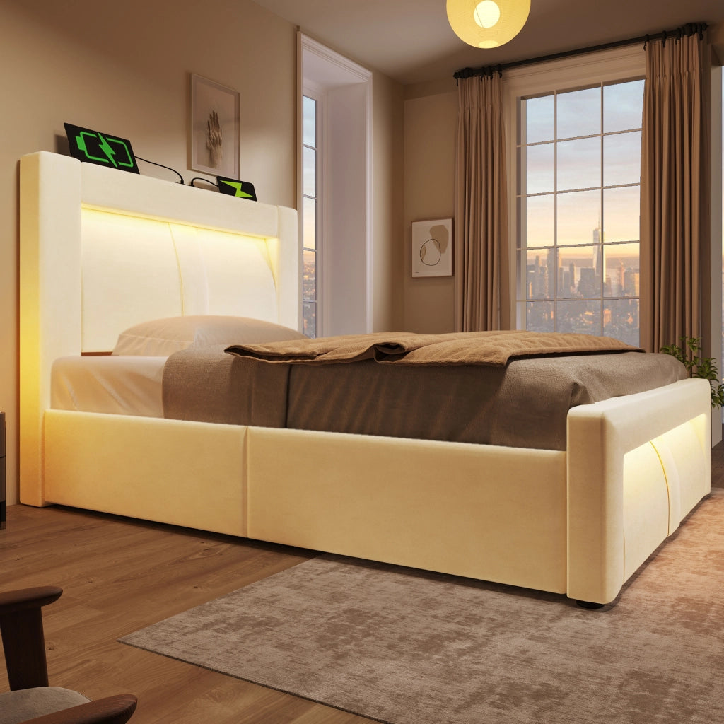 LETTO contenitore 90x200 cm in velluto beige con LED, USB, Type-C e materasso incluso