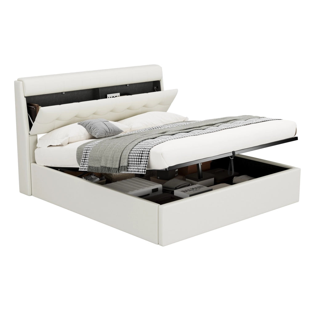 Letto imbottito 160x200 con contenitore idraulico; testiera con vano nascosto; PU bianco