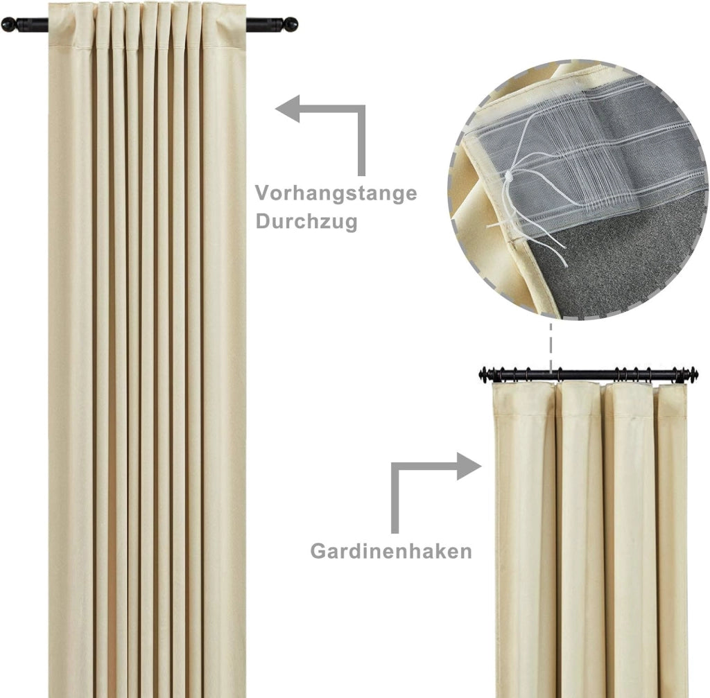 2 x Tende Oscuranti per Camera da Letto, Soggiorno, 140 x 270 cm, con Nastro Trasparente in Velluto Termico, Beige