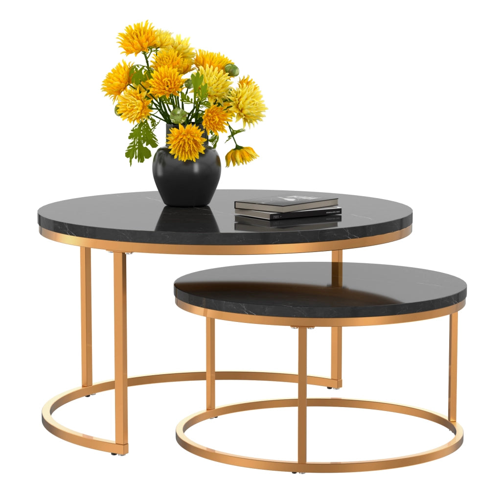 Set di 2 tavolini da salotto impilabili in MDF e metallo; tavolini ausiliari; nero e oro