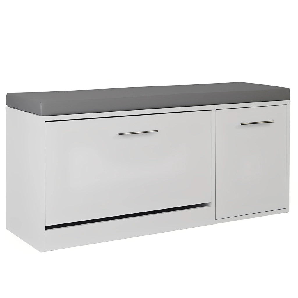 Marvin Scarpiera Panca da Ingresso con Anta Contenitore – Portascarpe Salvaspazio in Legno con Bianco / Cuscino Grigio