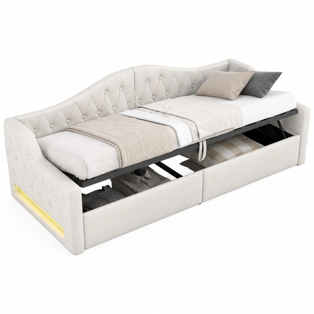 Letto da giorno imbottito 90x200 con LED e vano contenitivo, Beige