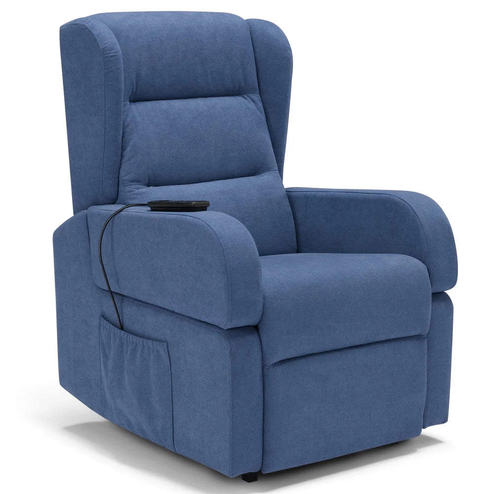 Poltrona relax elettrica Bilbao per anziani, 2 motori, 2 ruote, reclinazione e alzapersona, braccioli estrabili, doppia pediera, colore Blu