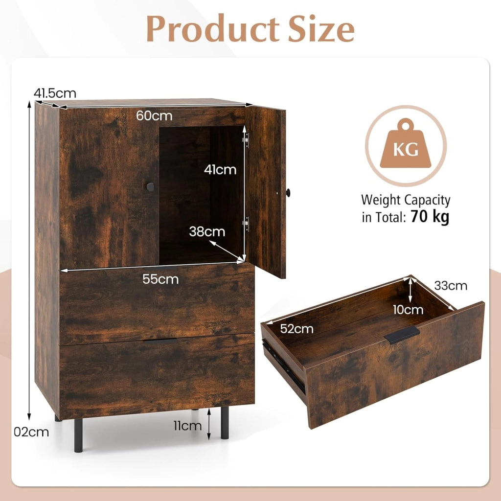 Credenza da cucina, mobile a buffet con 2 cassetti e armadio con ante, armadio con gambe in metallo, per soggiorno, sala da pranzo, corridoio, 60 x 42 x 102 cm (marrone)