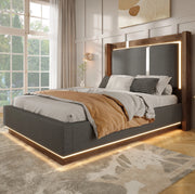 Letto singolo 90x200 cm con LED; contenitore idraulico e testiera imbottita in lino; grigio