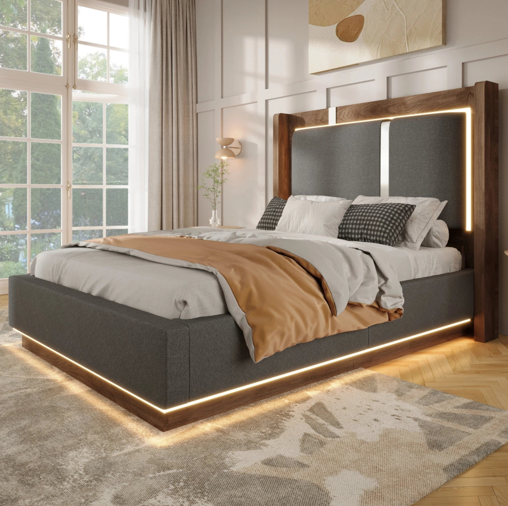Letto singolo 90x200 cm con LED; contenitore idraulico e testiera imbottita in lino; grigio