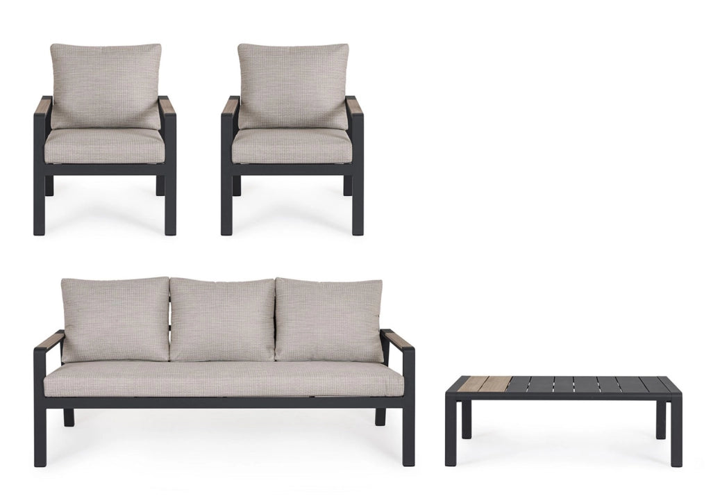 Set 4 Pezzi Salotto da Giardino con Divano 2 Poltrone e Tavolino in Alluminio e Polywood Elna Antracite