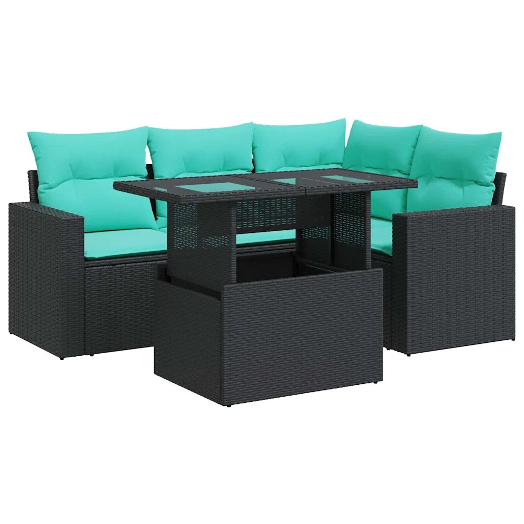 Set Divani da Giardino 5 pz con Cuscini Nero Polyrattan Acacia