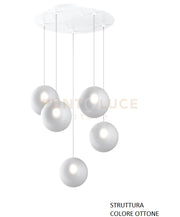 SOSPENSIONE OTTONE SAT. 5 LUCI TONDA VETRI BIANCO FOG 1184OS-S5 T-BF