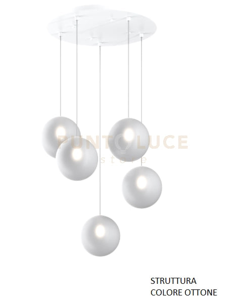 SOSPENSIONE OTTONE SAT. 5 LUCI TONDA VETRI BIANCO FOG 1184OS-S5 T-BF