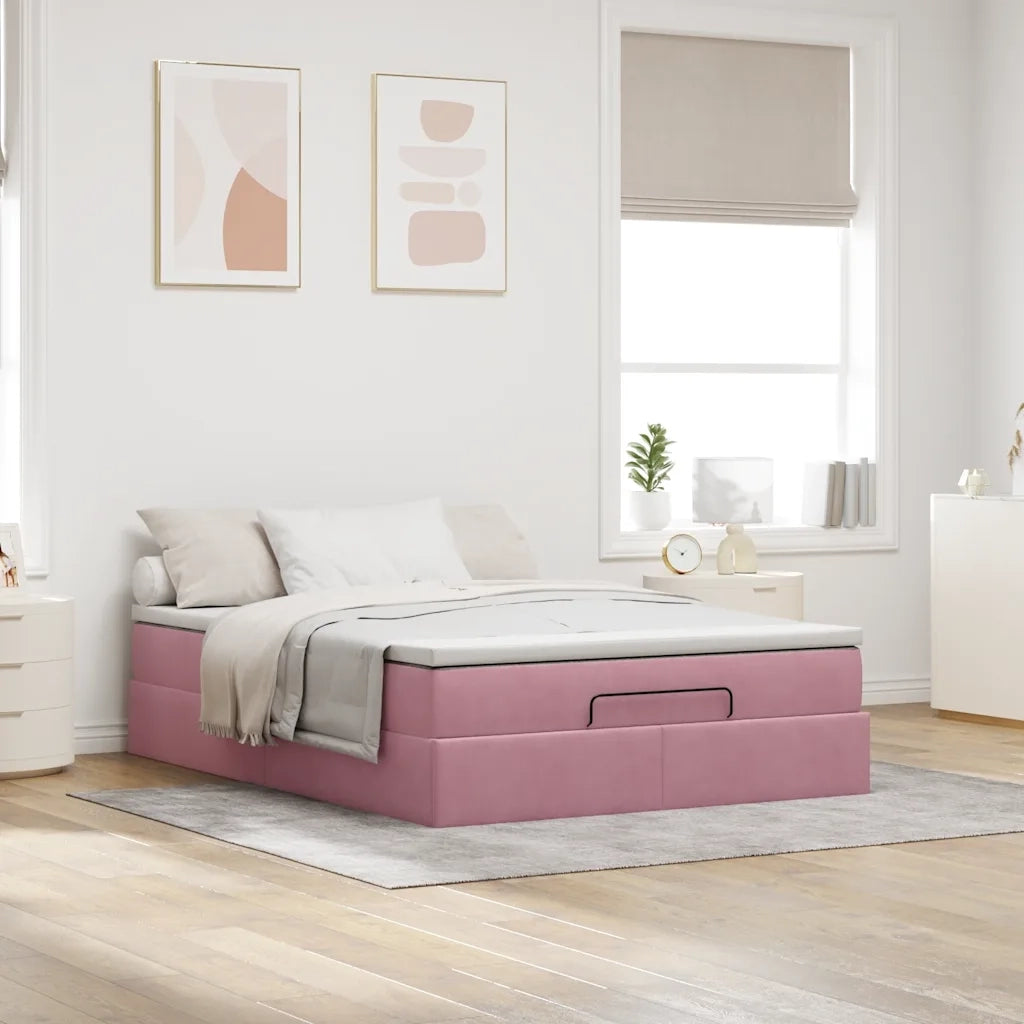 Struttura Letto Pouf con Materasso Rosa 140x200 cm in Velluto 3311194