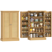Armadio Cucina in Rattan con 5 Ripiani, 12 Scomparti Spezie e Fondi Regolabili ¨C zephmum ¨C Naturale 104 cm