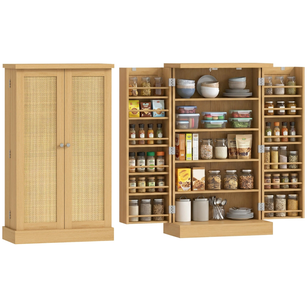 Armadio Cucina in Rattan con 5 Ripiani, 12 Scomparti Spezie e Fondi Regolabili ¨C zephmum ¨C Naturale 104 cm