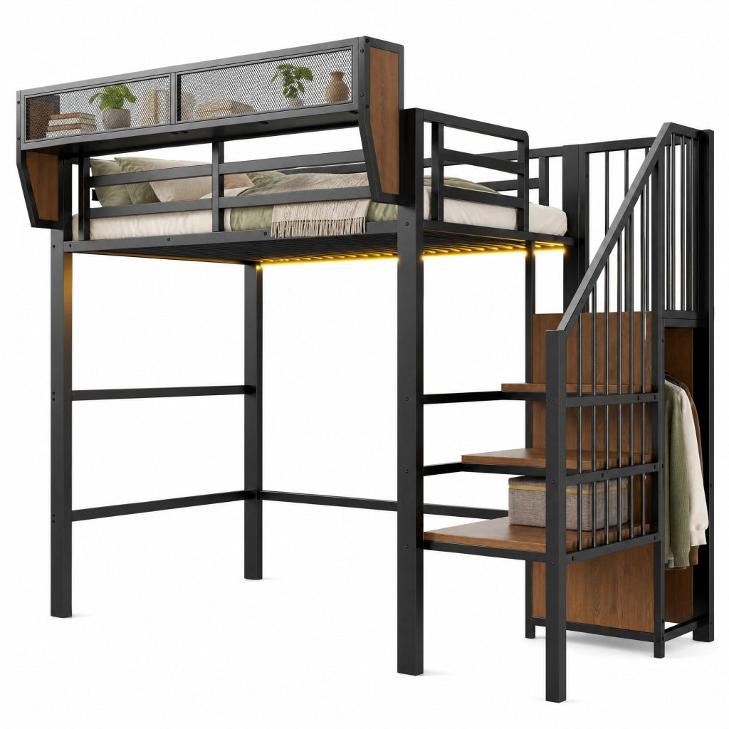 Letto a soppalco 90x200 cm in metallo e MDF; con scala di sicurezza; LED e ripiani; nero