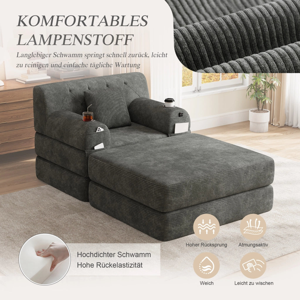 Divano letto in velluto a coste con schienale alto, tasche laterali e portabicchieri, grigio scuro 107 × 162 × 81 cm