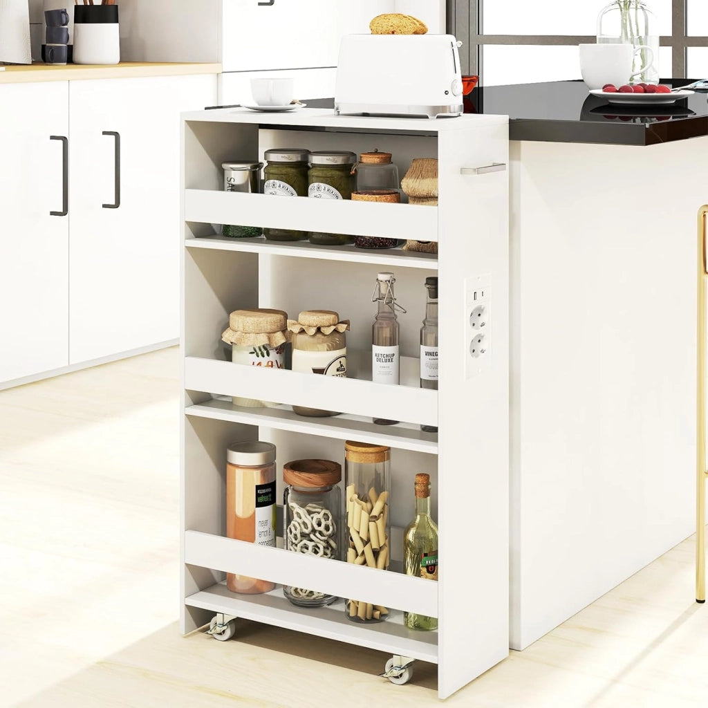 Carrello per Nicchia con Ruote, 4 Livelli，Carrello di Servizio Stretto Salvaspazio, da Bagno, Scaffale da Cucina Sottile 47,5 x 13 x 80,5 cm (Bianco+Bianco, Largo 20cm, con presa)