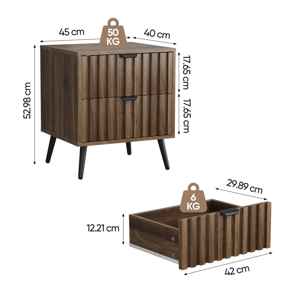 Comodino moderno con 2 cassetti, struttura in MDF e design incassato, colore Noce, 45 x 40 x 53 cm