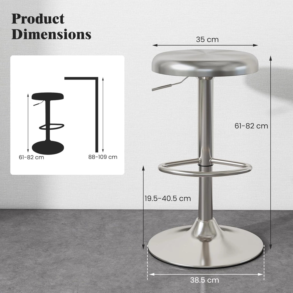 Set di 2 sgabelli da bar regolabili in altezza 61-82 cm, sedia da bar girevole a 360° con poggiapiedi, sgabello rotondo in acciaio inox, sgabello da cucina per bar, caffetteria, cucina