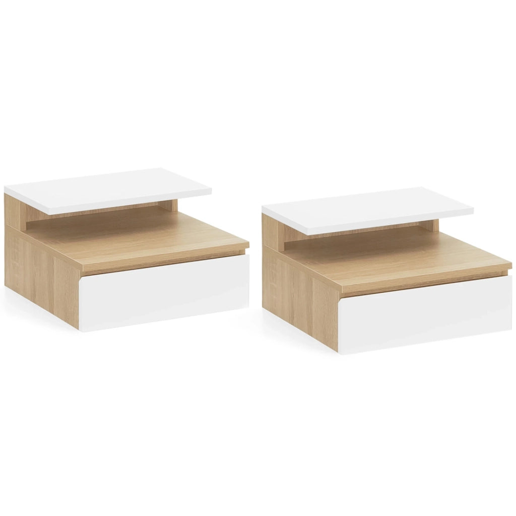 IDMarket - Set di 2 comodini a parete TOMI con mensola sospesa + 1 mensola in faggio e cassetto bianco