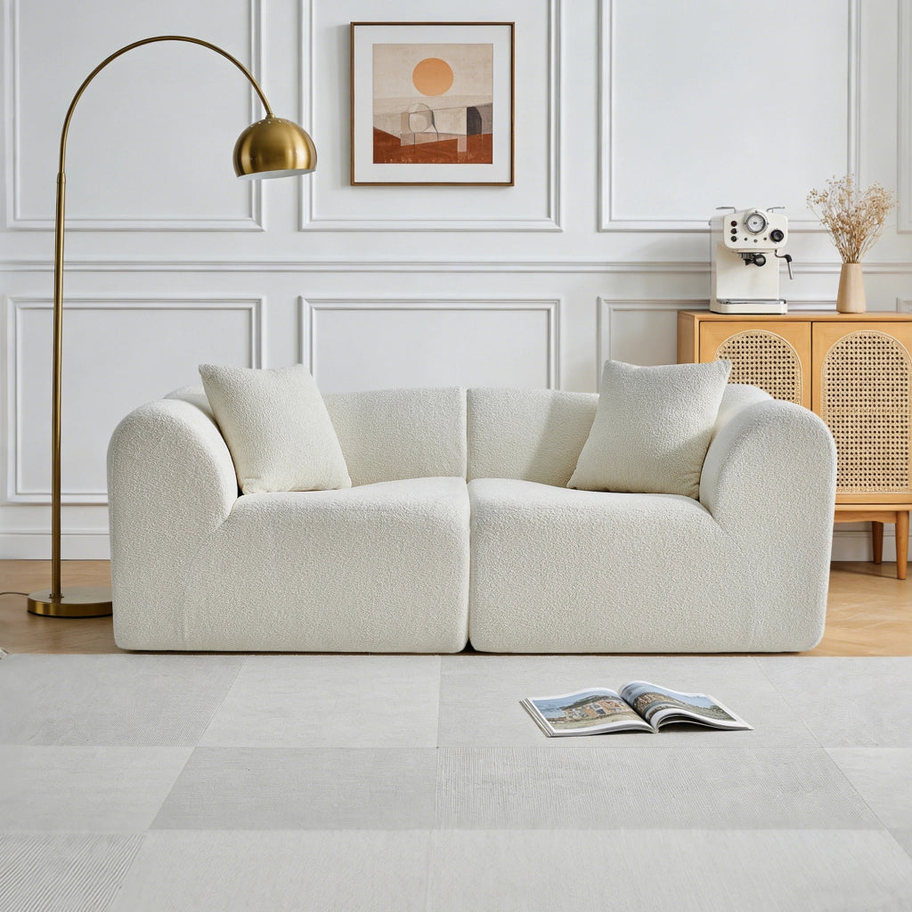 Divano a 2 posti in velluto con cuscini e design compatto salvaspazio per salotto, ufficio e appartamento, beige