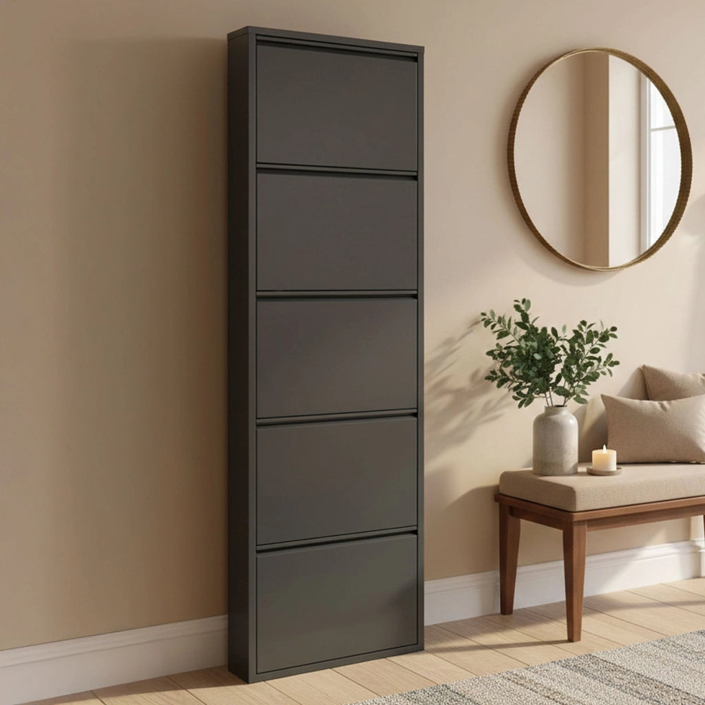 Scarpiera Afrend, Mobile portascarpe in metallo, Armadio da ingresso multiuso, Mobiletto per calzature, 50x15h172 cm, Nero