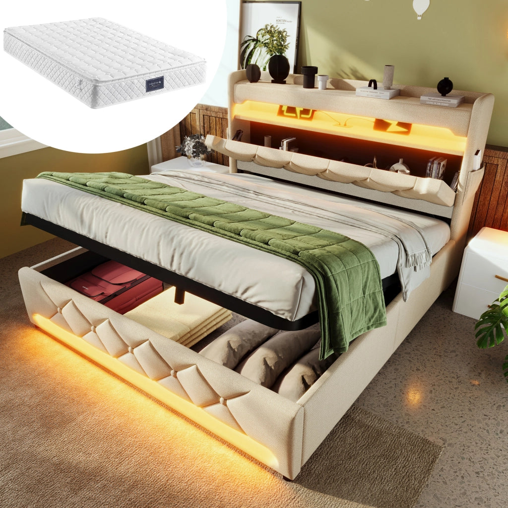 Letto matrimoniale 140x200 cm in lino beige con LED; USB; Type C; contenitore e materasso