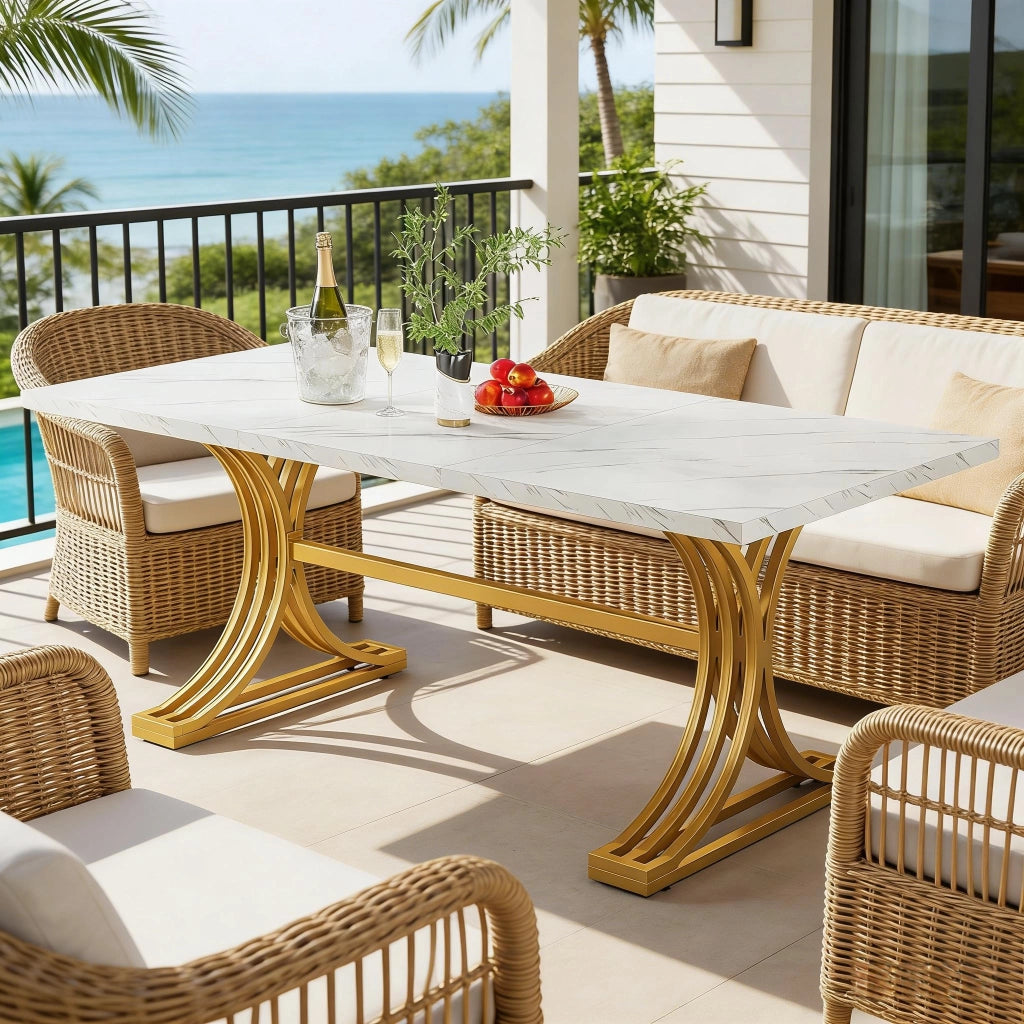 Tavolo da pranzo per 4 6 persone con piano in marmo artificiale e gambe in metallo bianco e oro 160 × 80 cm