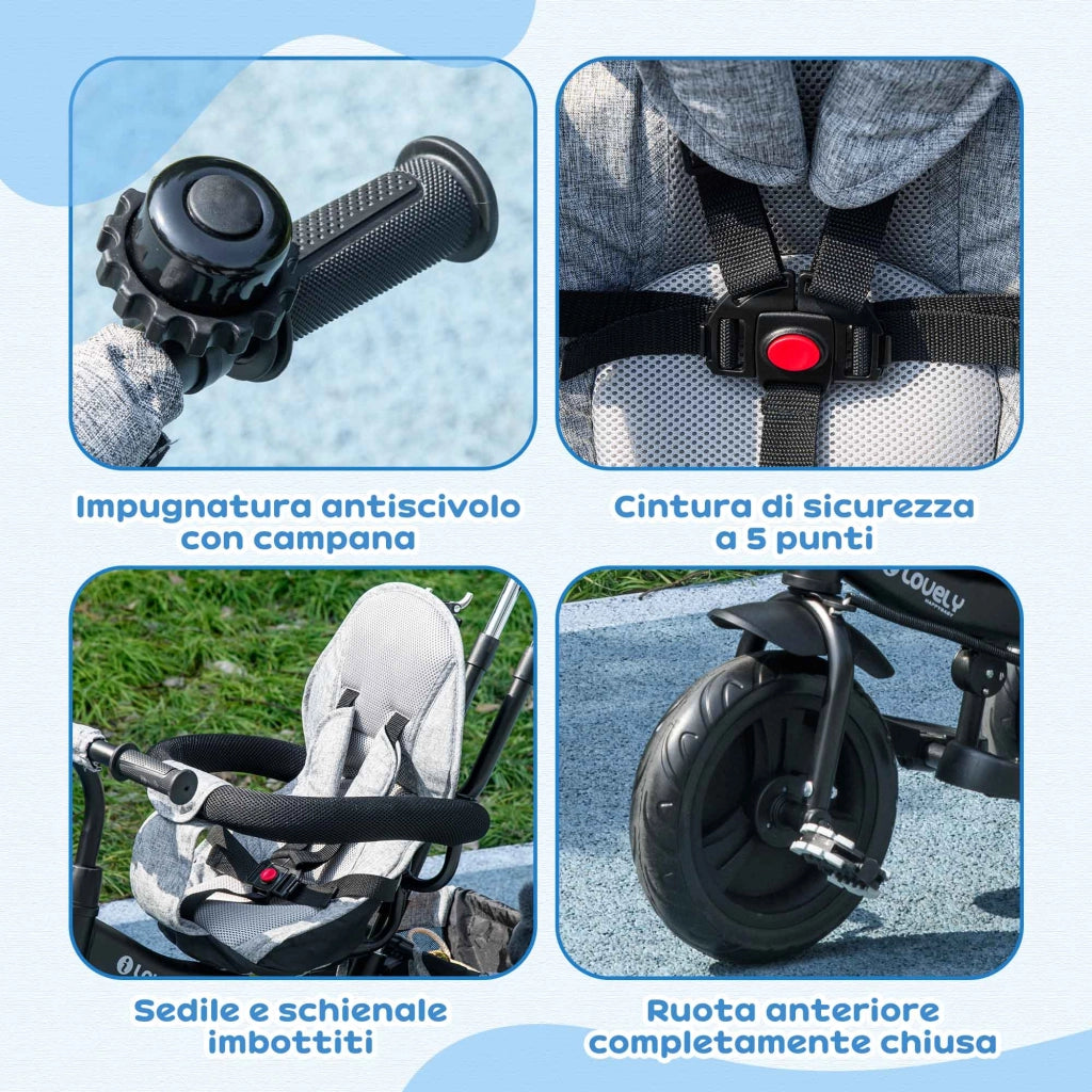 Triciclo Bambini 6 in 1 con Maniglione e Cintura di Sicurezza ¨C zephmum ¨C Grigio