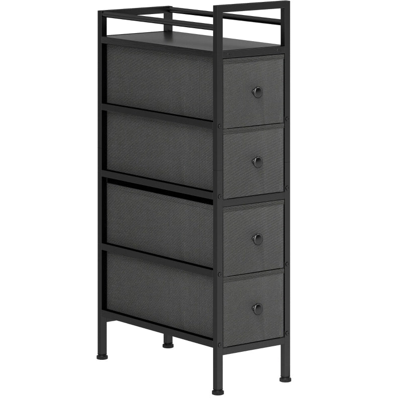Cassettiera stretta nera 20x43x81,5 cm con 4 cassetti in tessuto