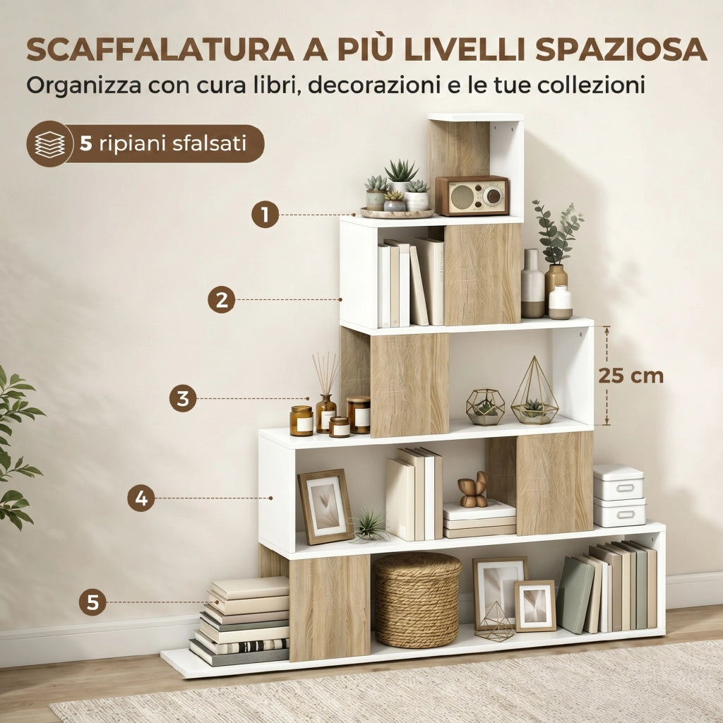 Libreria Moderna a 5 Ripiani con Design a Gradini, 120x22x131.5 cm, Bianco e Legno