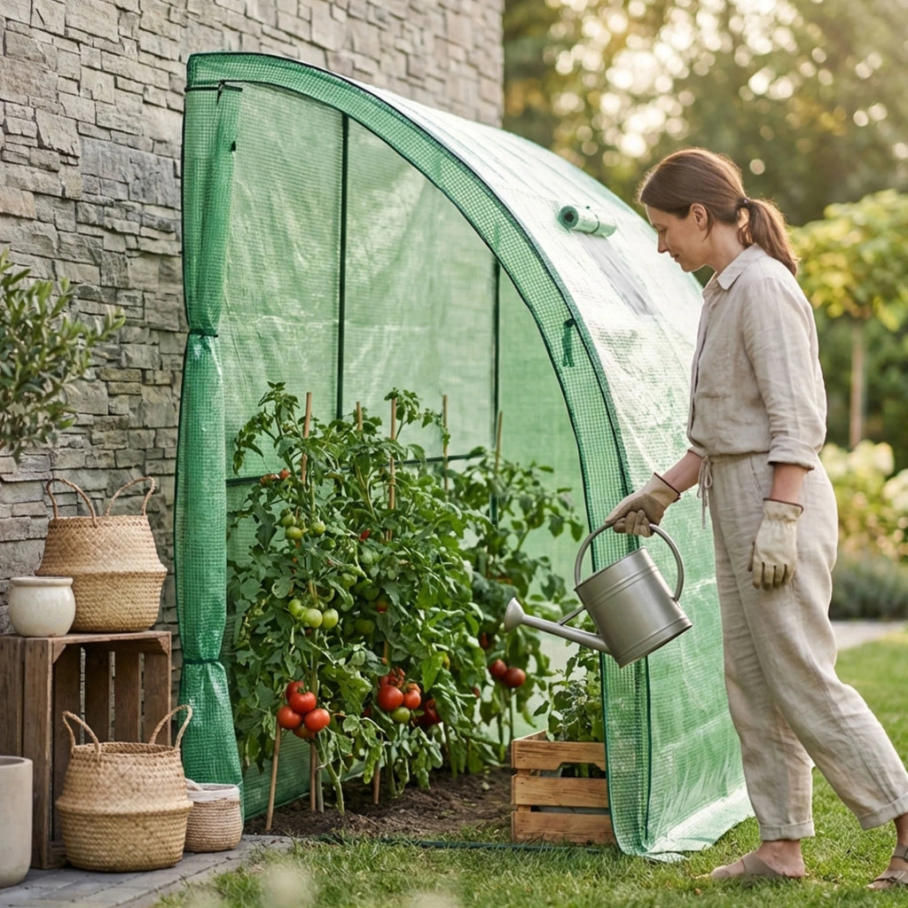 Serra da giardino addossata con struttura in metallo e telo in PE 1 porta 1 finestra Verde 100x200x210 cm