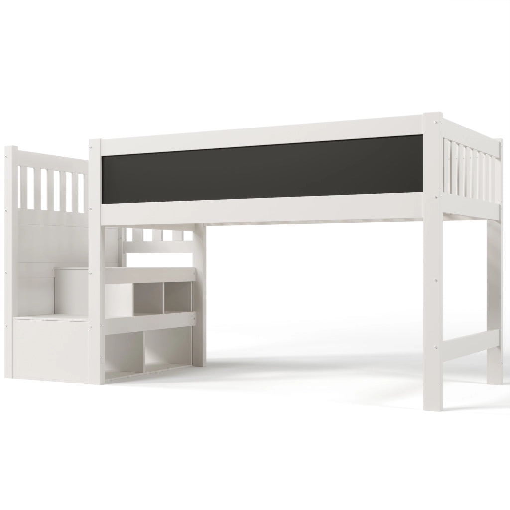 Letto a soppalco per bambini 90 x 200 cm con scala contenitore, lavagna e sponde di sicurezza, bianco